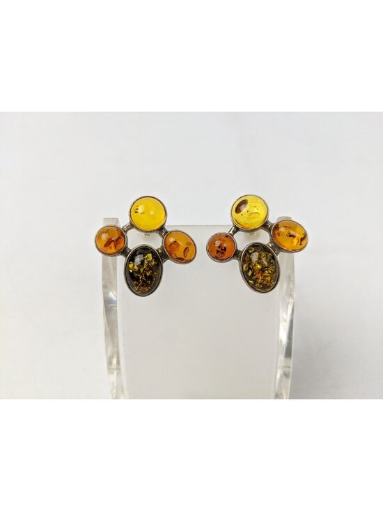 Vintage Mixed Baltic Amber & Unmarked Sterling Silver Stud Earrings